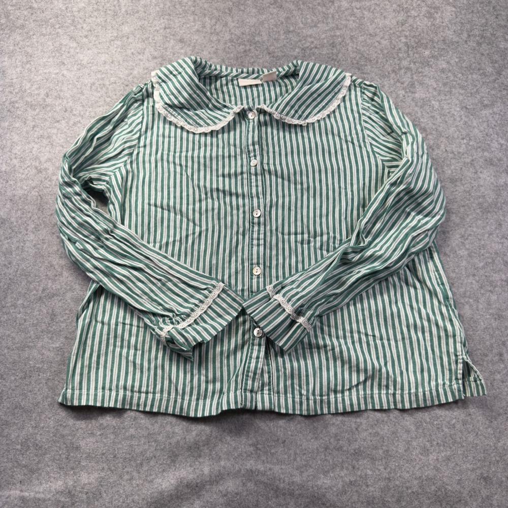 Rachel Ashwell Blouse Womens's M Green Striped Excellent Lace Peter Pan Collar